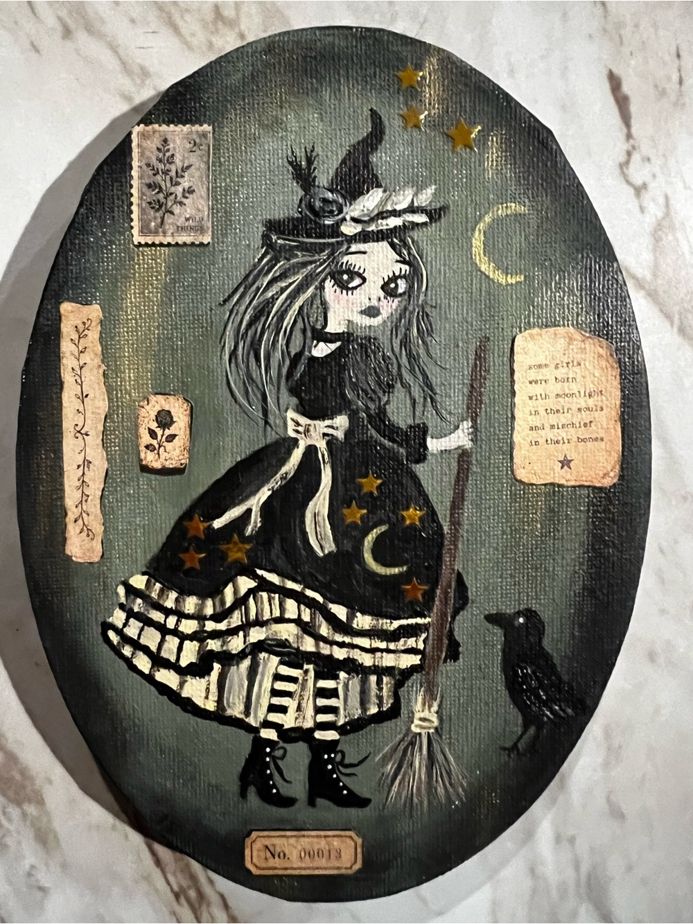 Hand-Painted Witch Art Plaque in Black and Cream